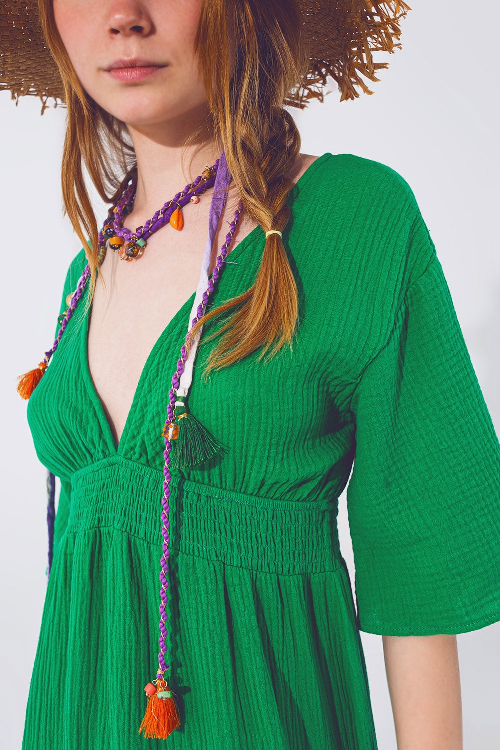 Robe Maxi à col en V texturé en vert