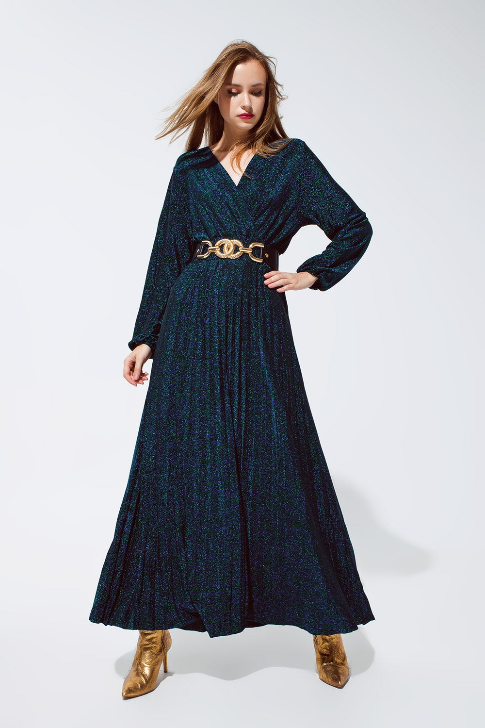 Robe maxi à manches longues avec paillettes en vert