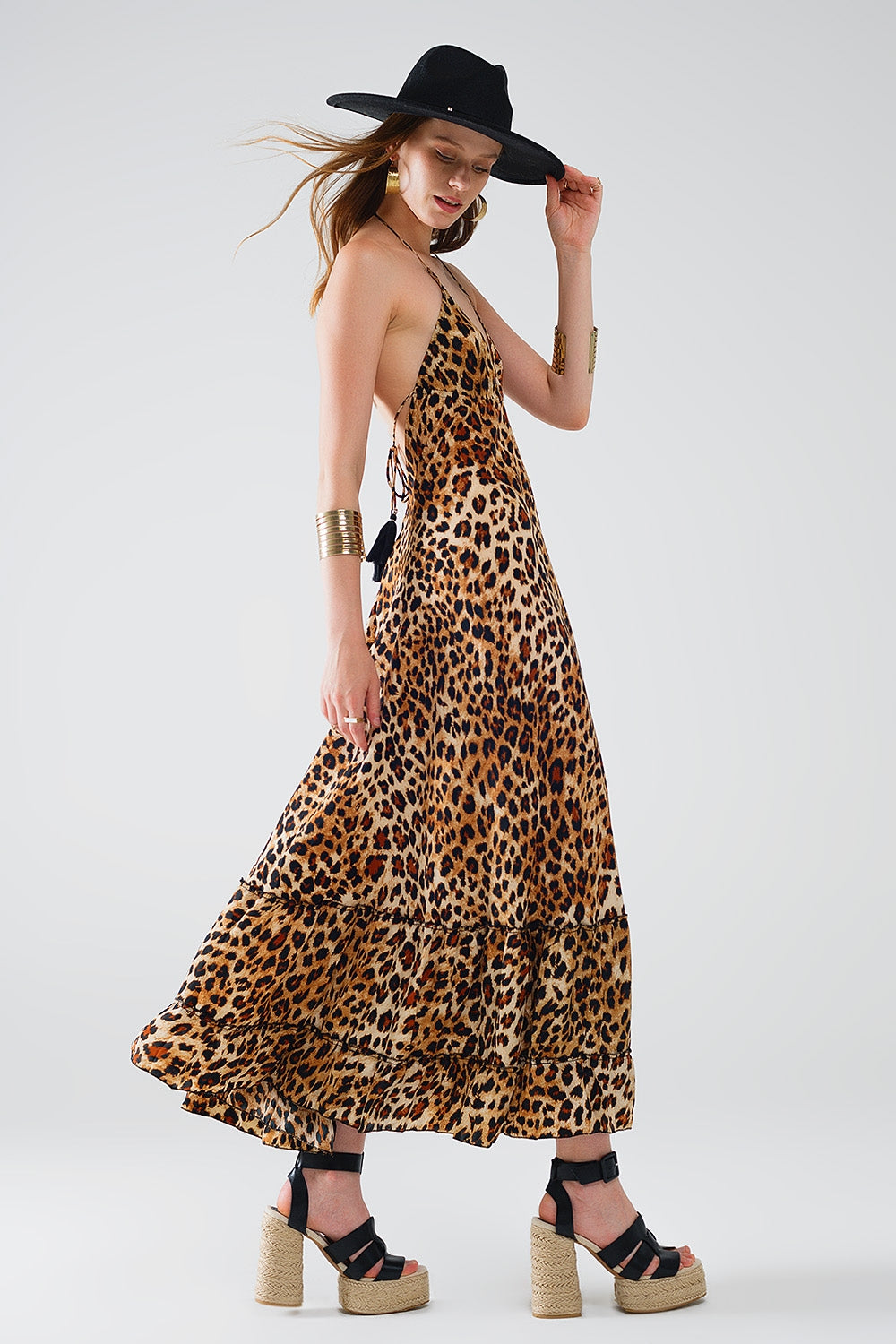 robe maxi boho à imprimé léopard avec dos ouvert