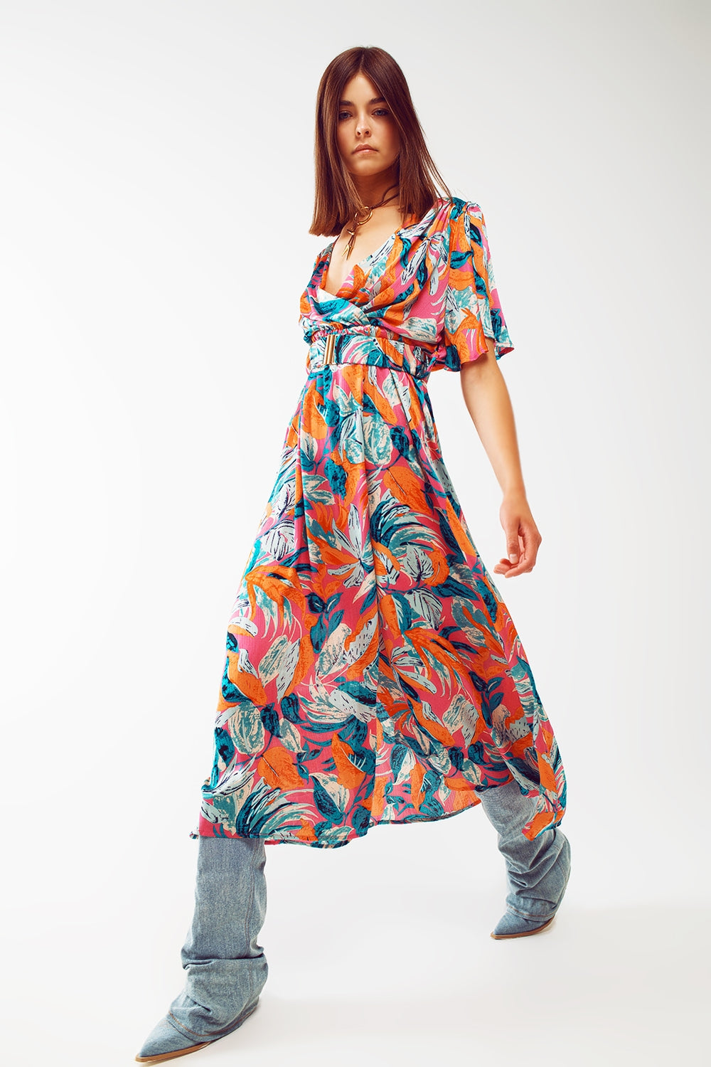 Q2 Robe Maxi croisée ceinturée avec imprimé floral en orange