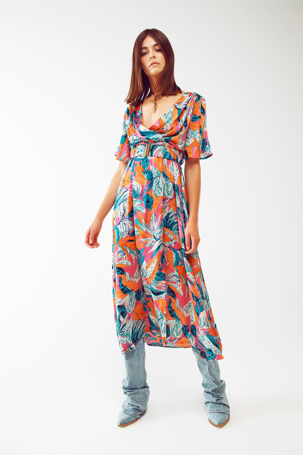 Robe Maxi croisée ceinturée avec imprimé floral en orange