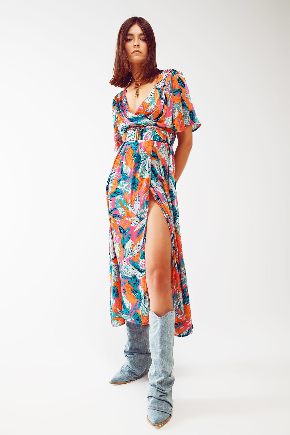 Robe Maxi croisée ceinturée avec imprimé floral en orange