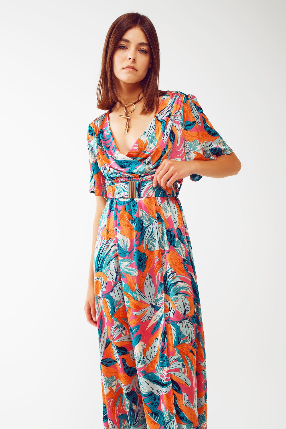Robe Maxi croisée ceinturée avec imprimé floral en orange