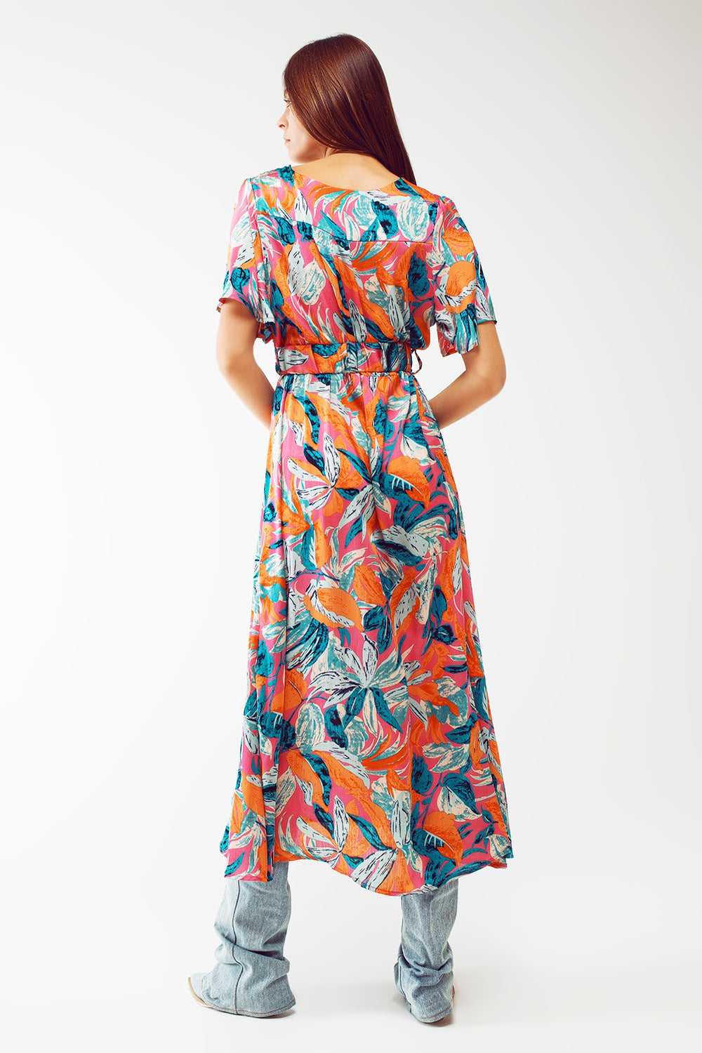 Robe Maxi croisée ceinturée avec imprimé floral en orange