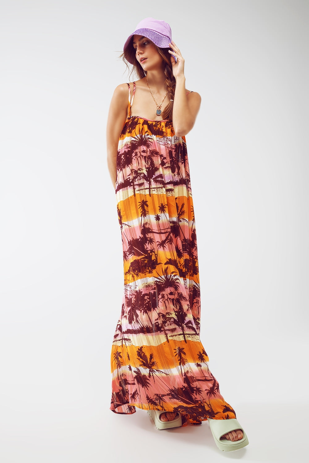 Robe maxi décontractée à dos ouvert avec imprimé rose tropical