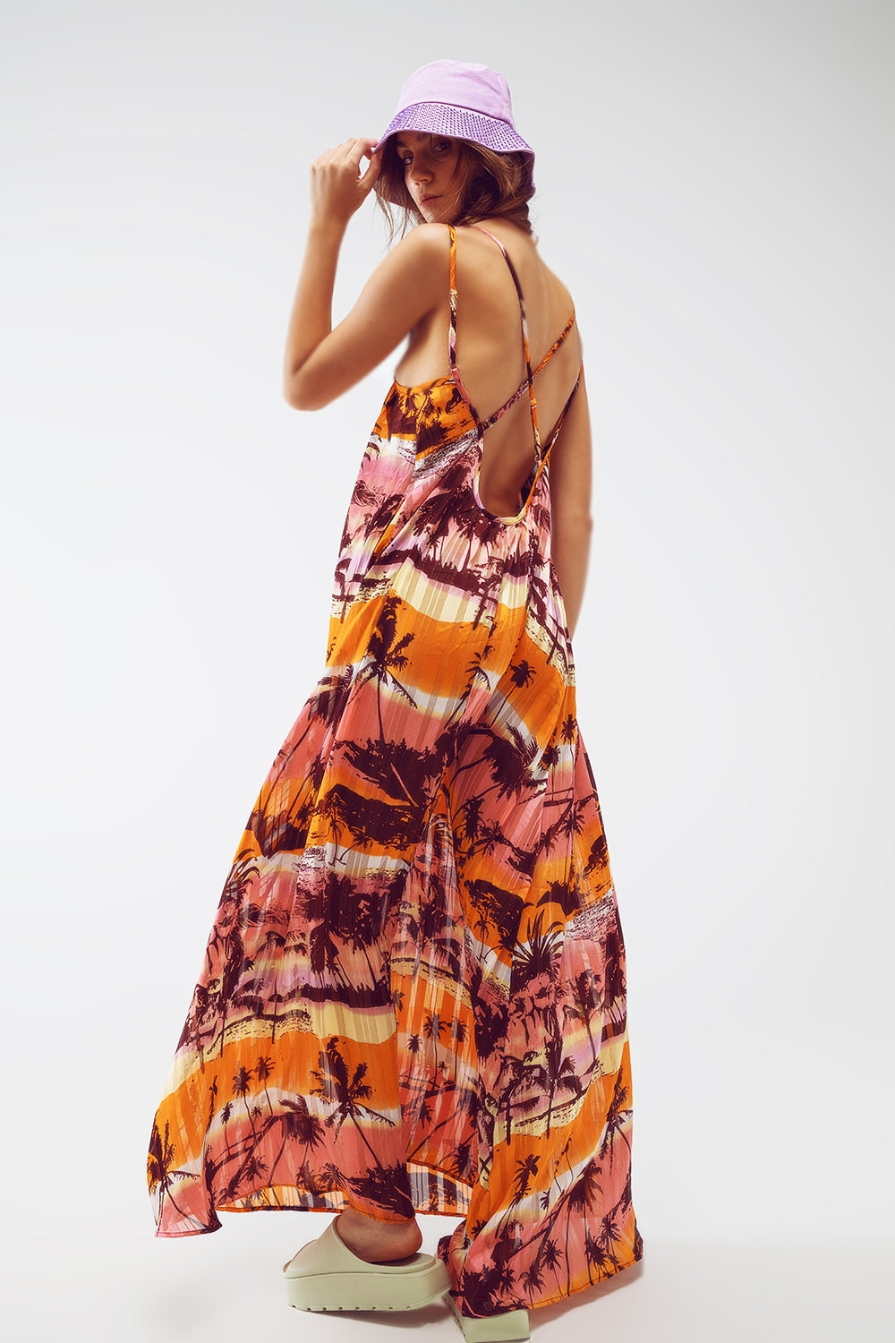 Robe maxi décontractée à dos ouvert avec imprimé rose tropical