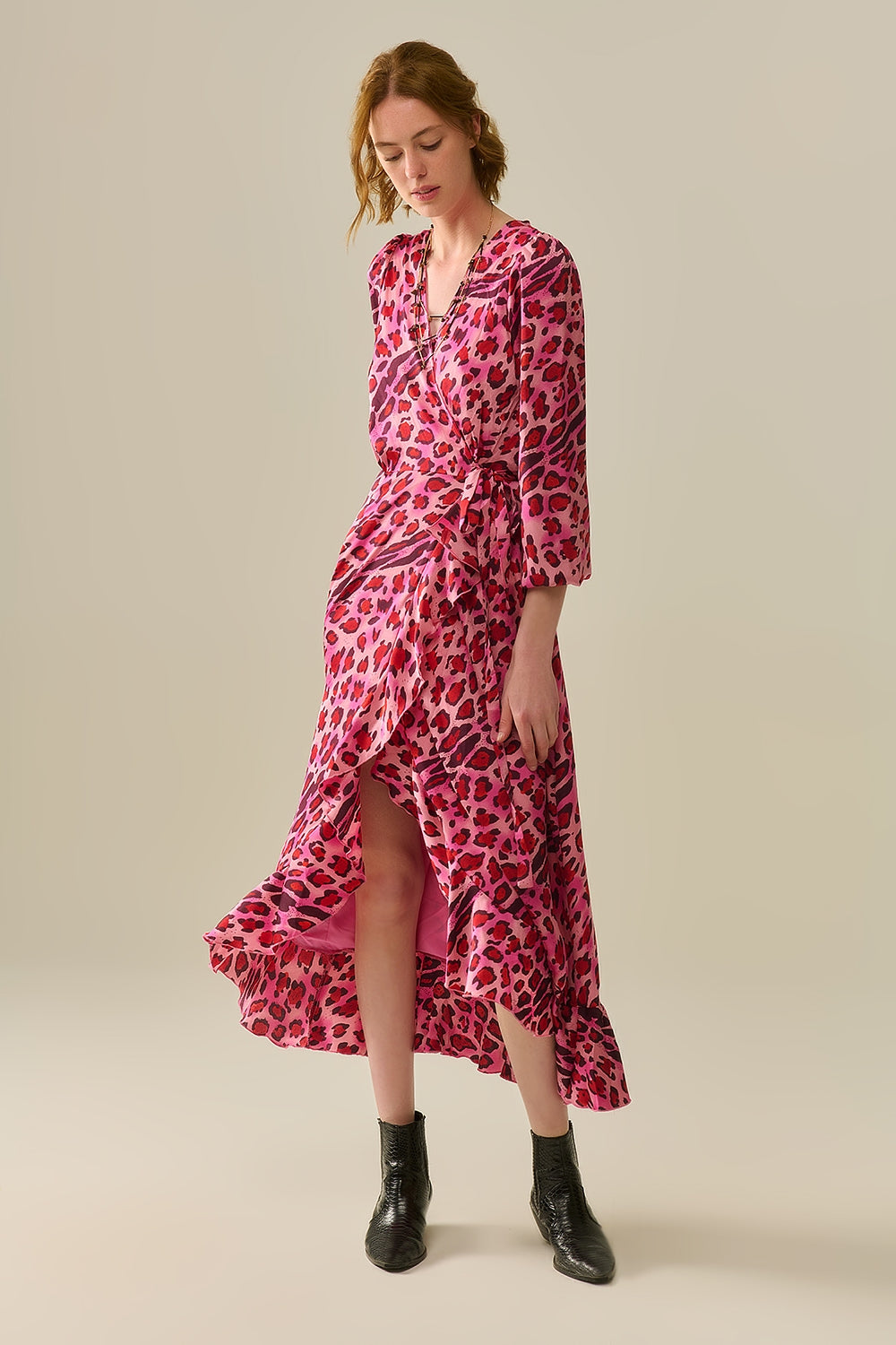 Robe Maxi Portefeuille en Satin Imprimé Léopard Fuchsia