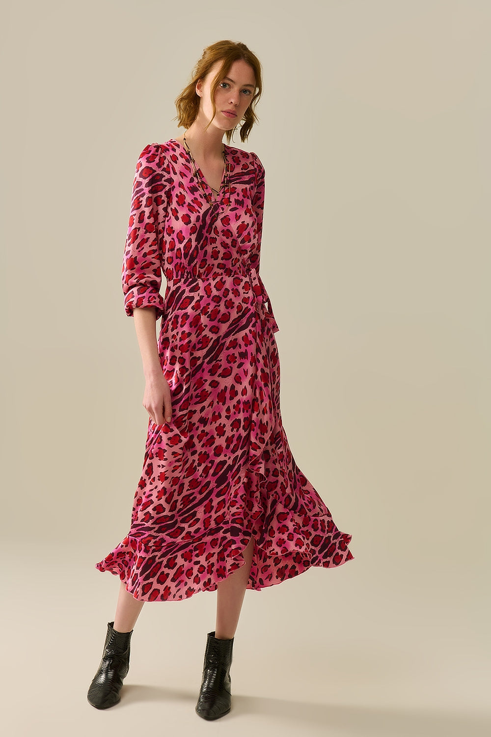 Robe Maxi Portefeuille en Satin Imprimé Léopard Fuchsia