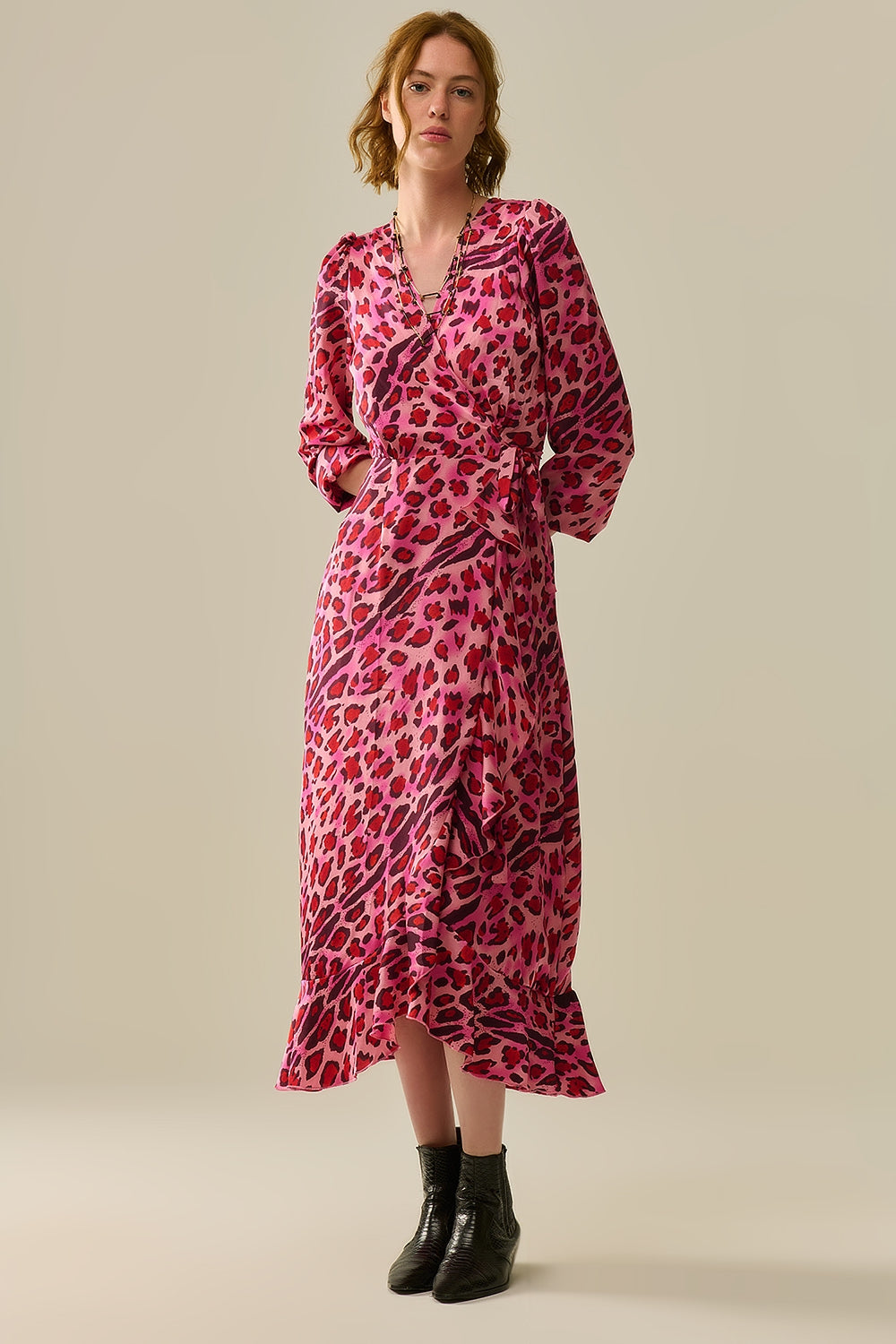 Robe Maxi Portefeuille en Satin Imprimé Léopard Fuchsia