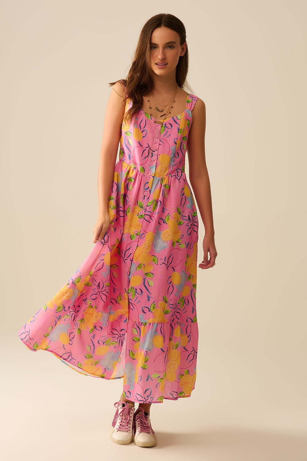 Robe maxi rose sans manches avec imprimé citron