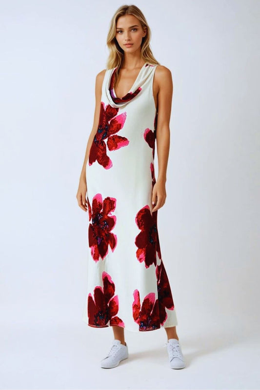 Q2 Robe maxi rouge sans manches et fluide avec imprimé floral
