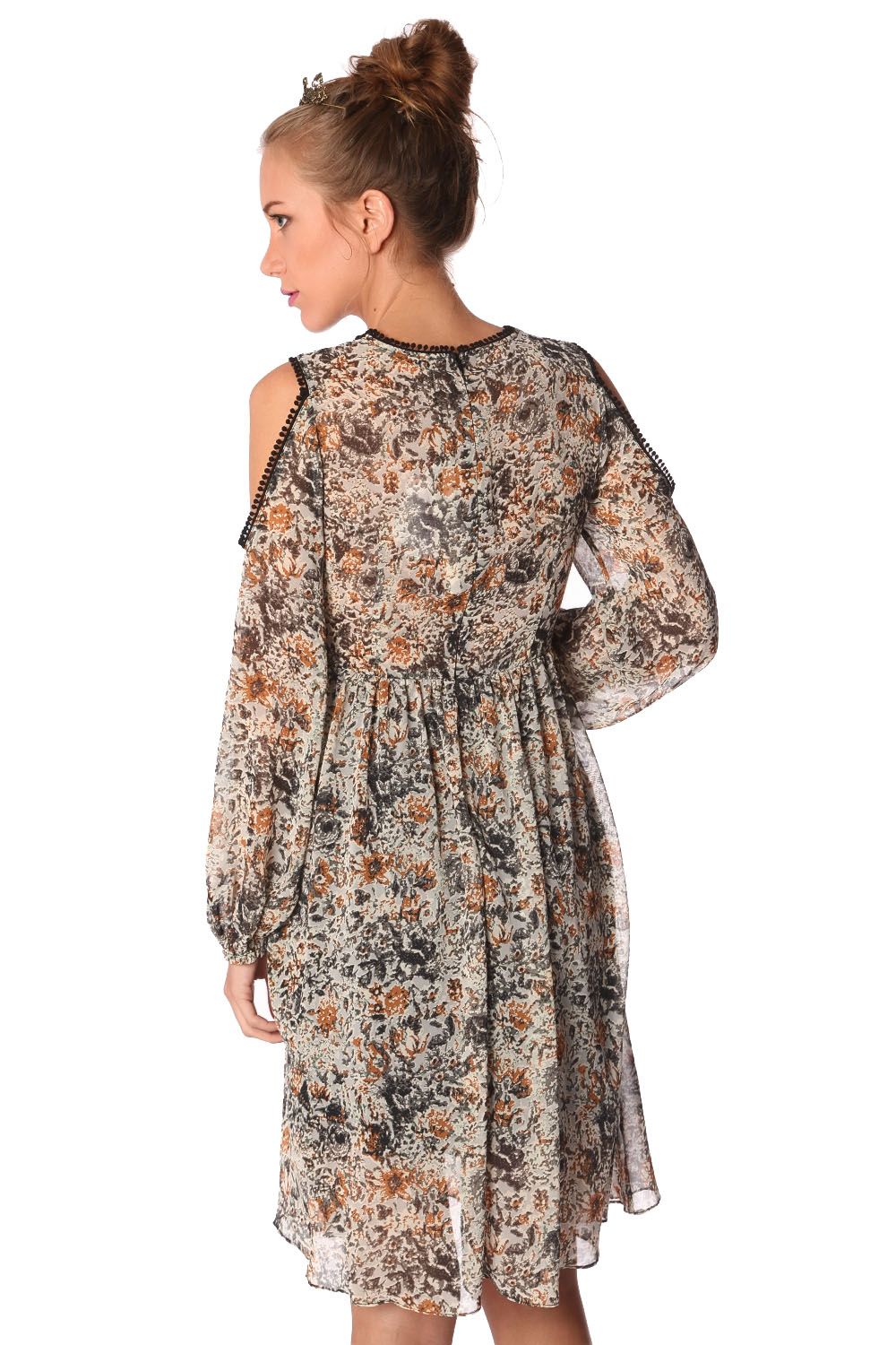 Robe mi-longue à imprimé floral bleu et empiècements au crochet