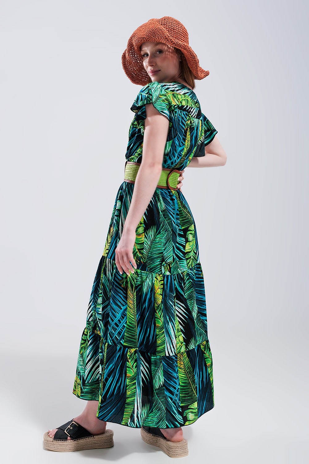 Robe mi longue à manches courtes avec imprimé tropical