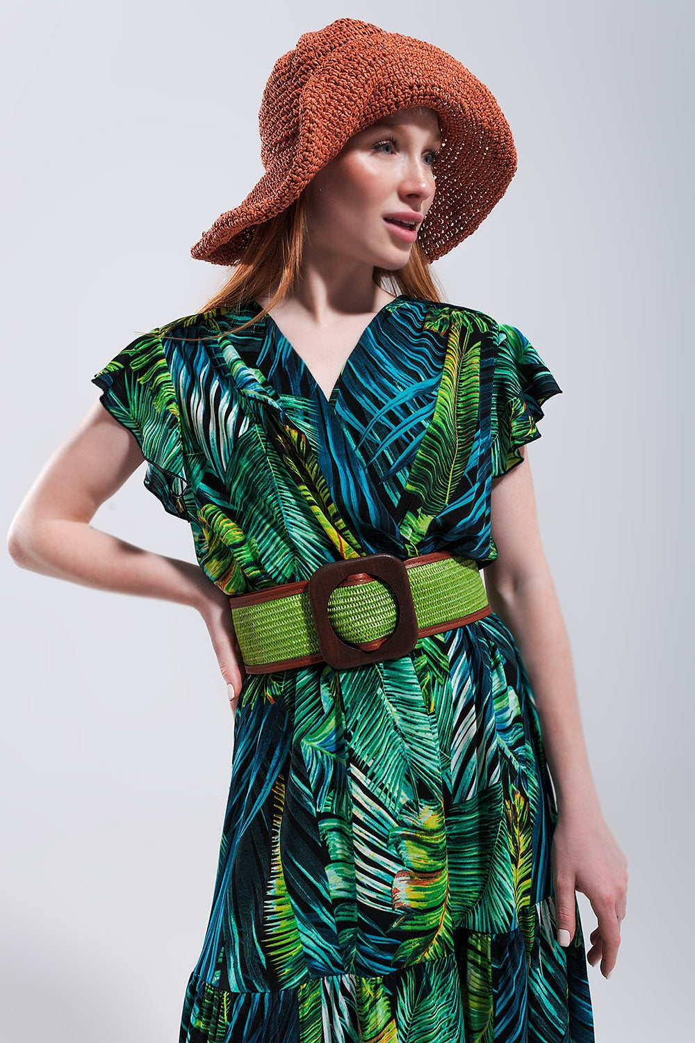 Robe mi longue à manches courtes avec imprimé tropical