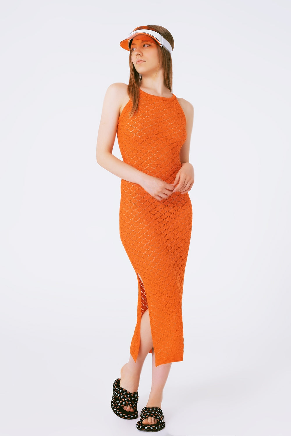 Robe mi-longue en crochet en orange