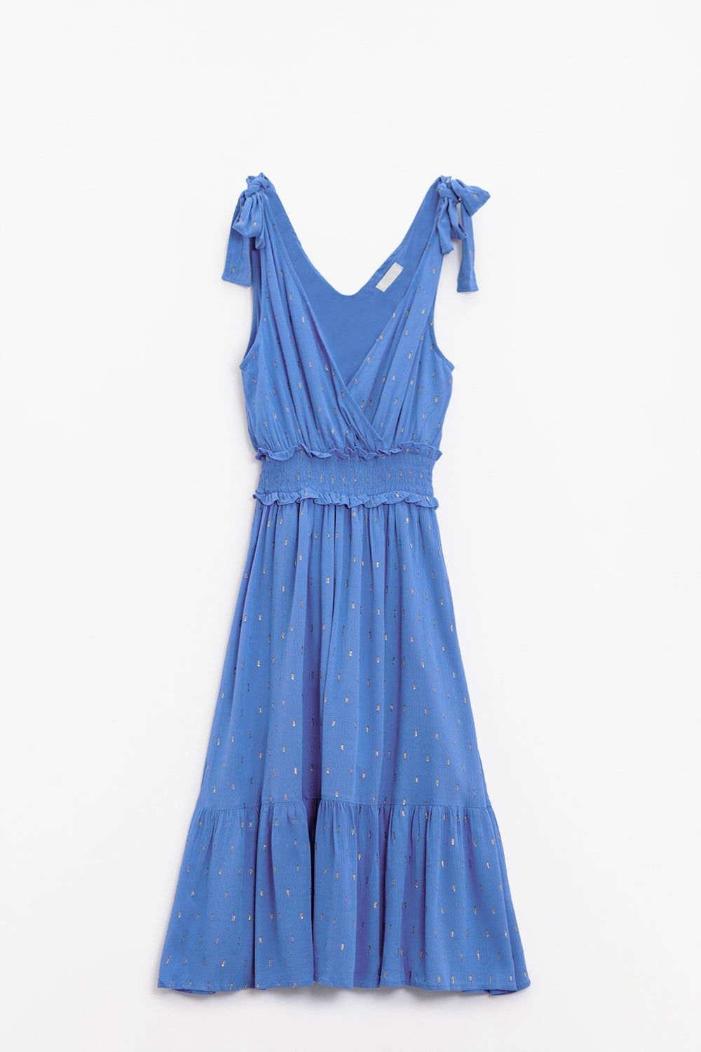 Robe mi-longue enveloppée bleue à taille smockée et à pois dorés