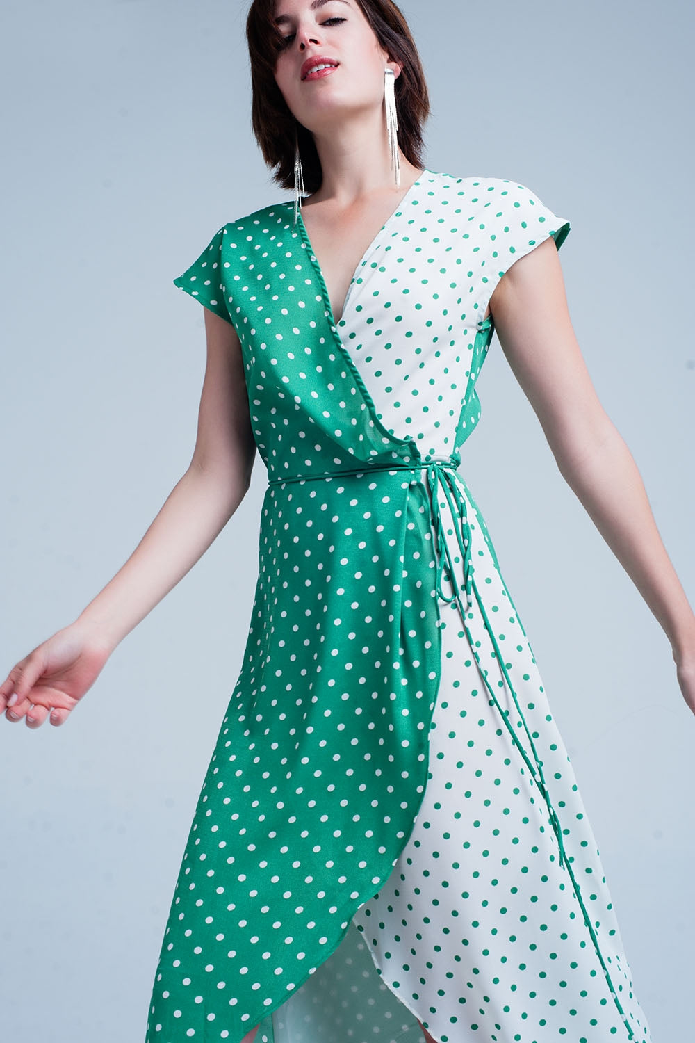 Robe mi-longue Vert croisée asymétrique à imprimé pois variés