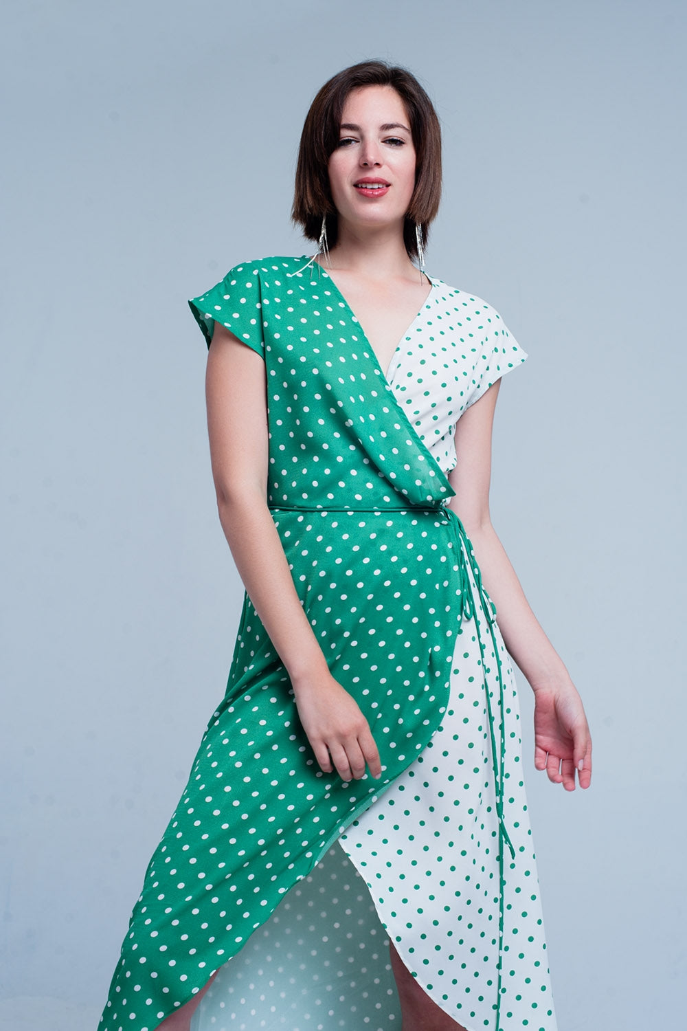 Robe mi-longue Vert croisée asymétrique à imprimé pois variés