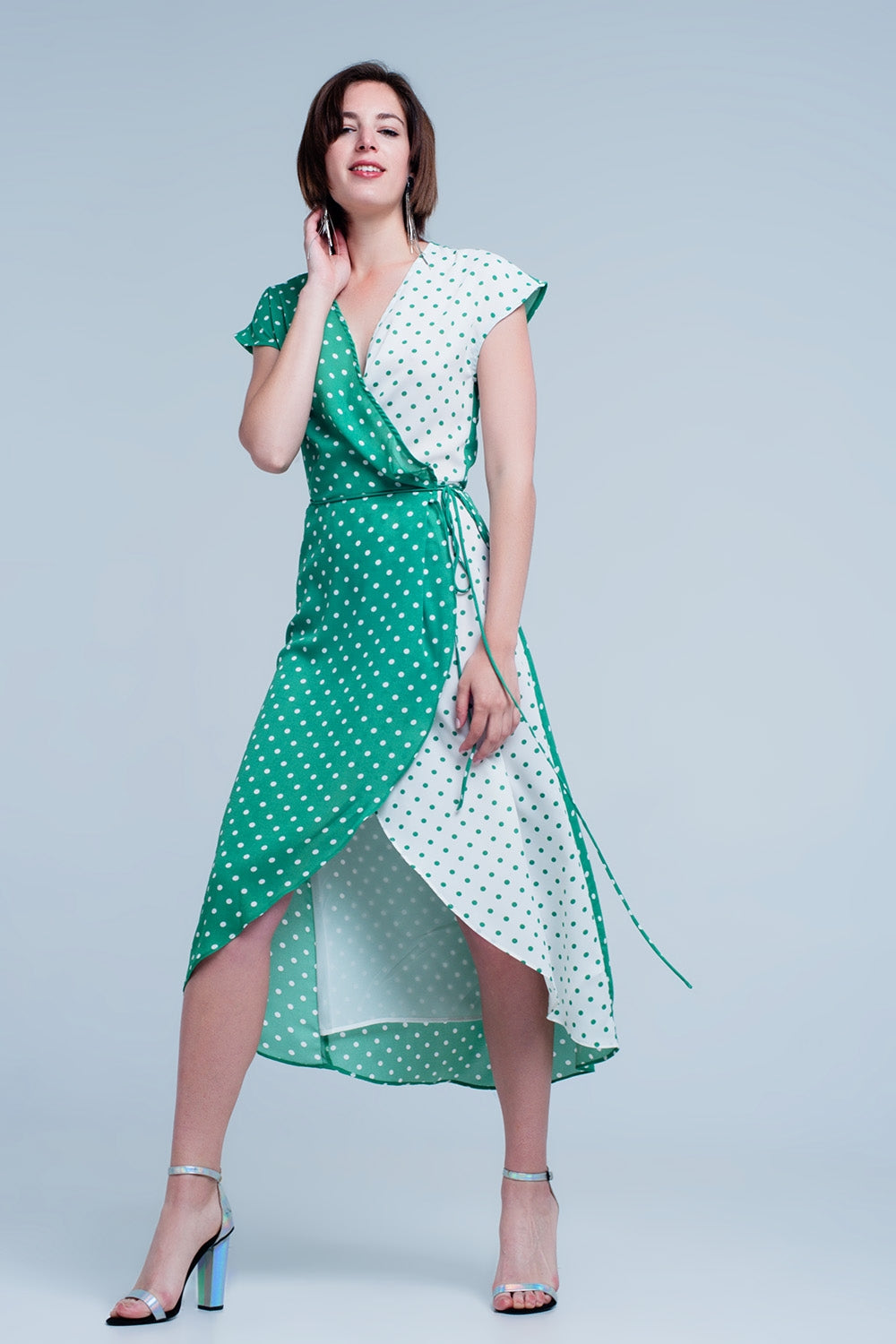 Robe mi-longue Vert croisée asymétrique à imprimé pois variés