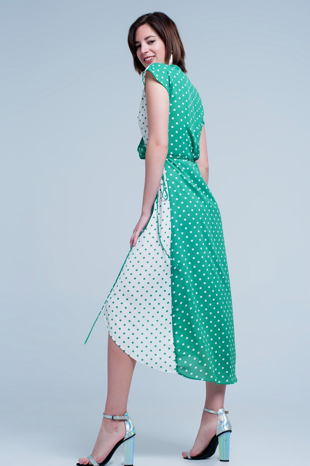 Robe mi-longue Vert croisée asymétrique à imprimé pois variés