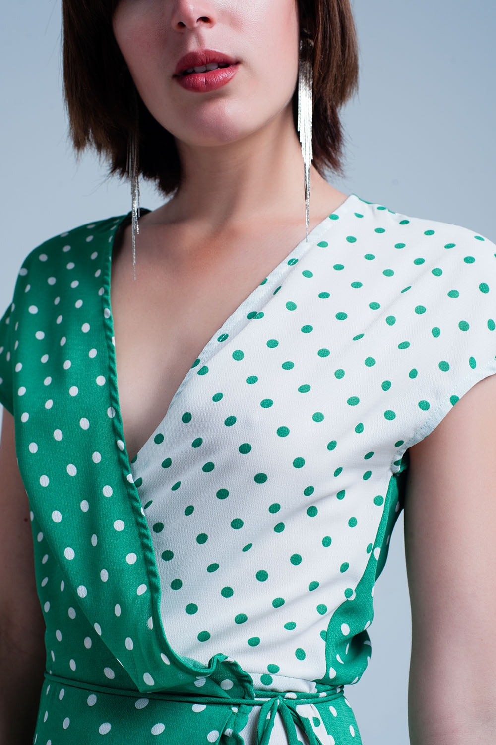 Robe mi-longue Vert croisée asymétrique à imprimé pois variés