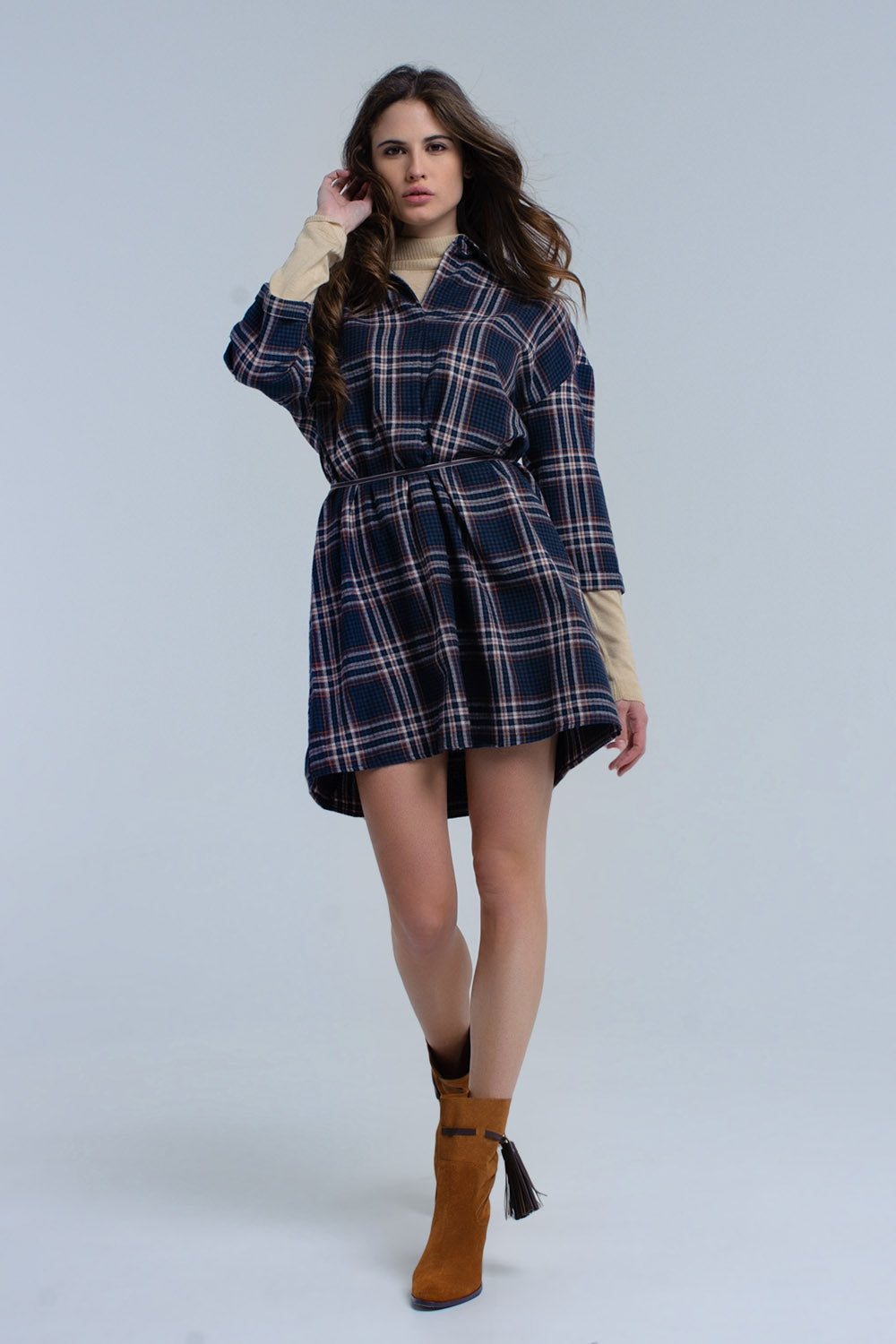 Robe midi à carreaux navy