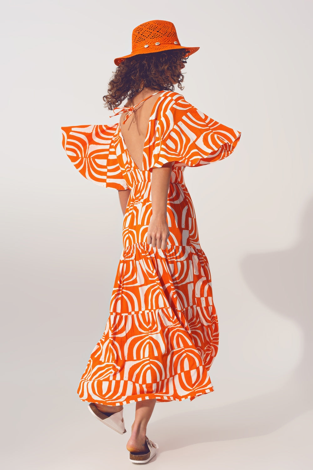Robe Midi à col en V et Imprimé en Orange