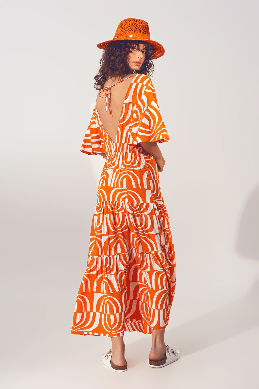Robe Midi à col en V et Imprimé en Orange
