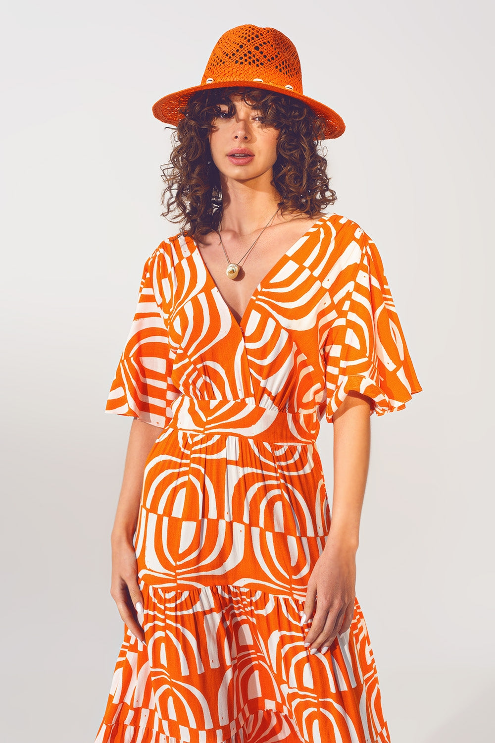 Robe Midi à col en V et Imprimé en Orange