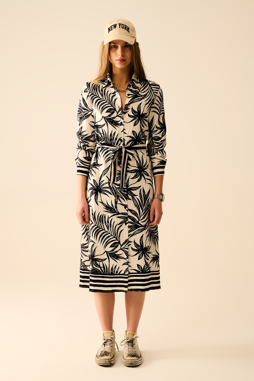 Robe Midi à Manches Longues à Motif Tropical en Noir et Blanc