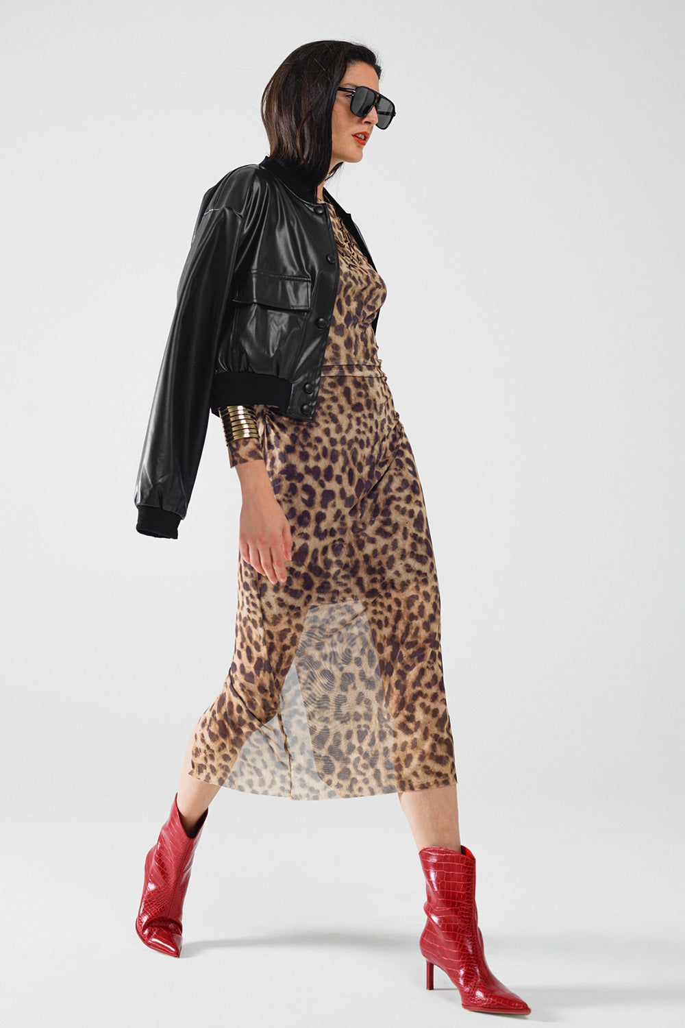 robe midi bodycon à manches longues transparentes et imprimé léopard