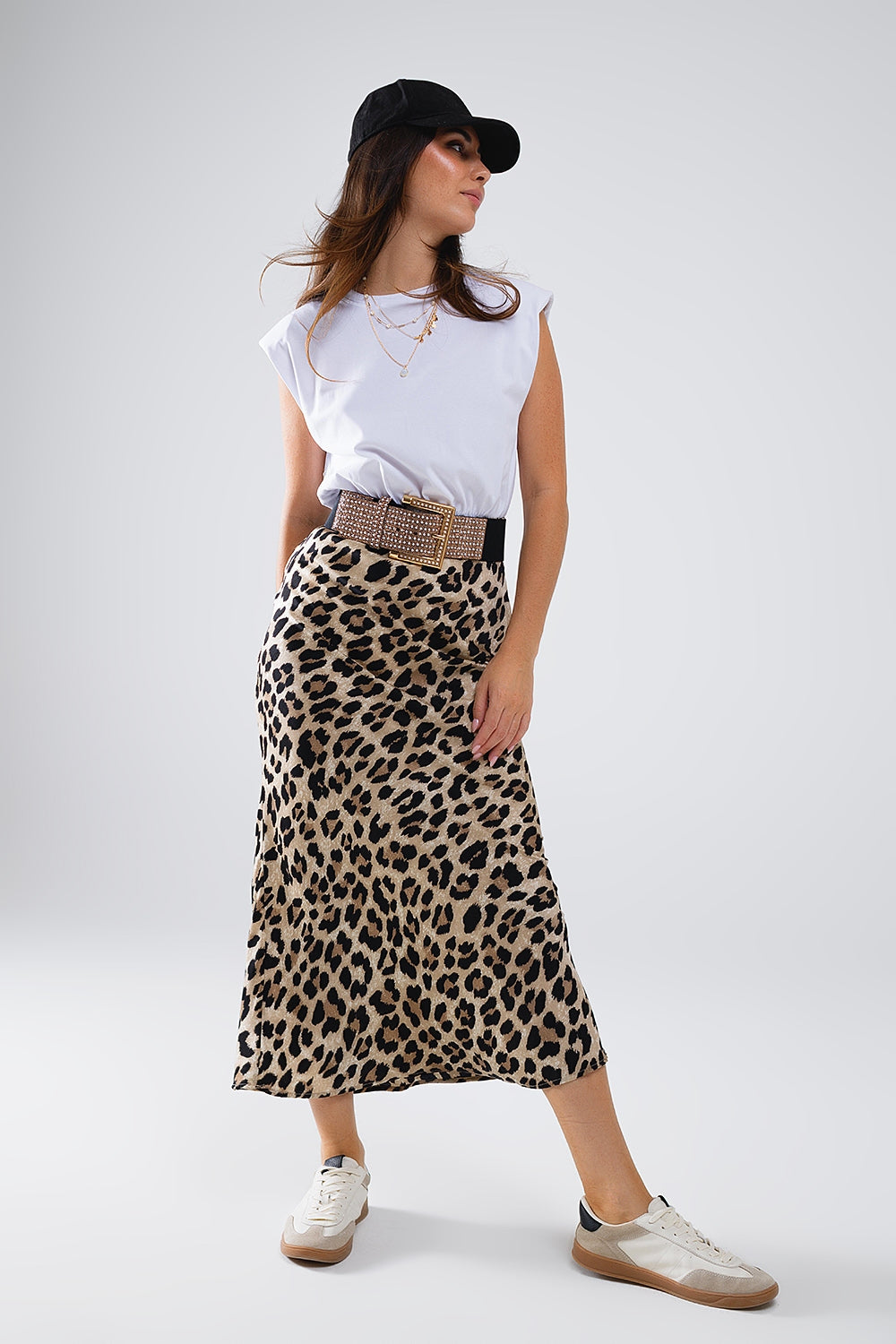 Robe midi contrastée en satin imprimé léopard