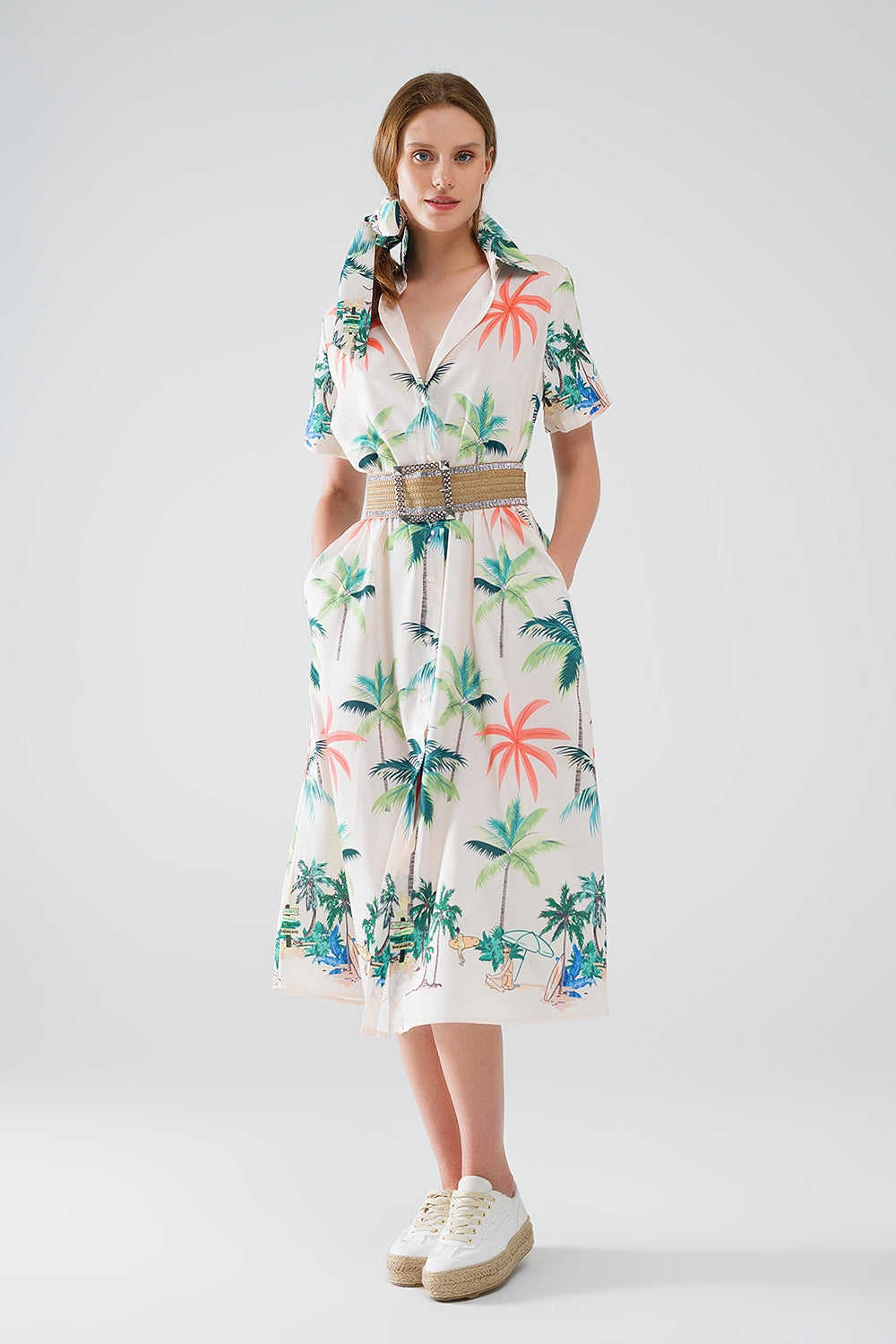 Q2 Robe midi crème avec imprimé plage et col polo