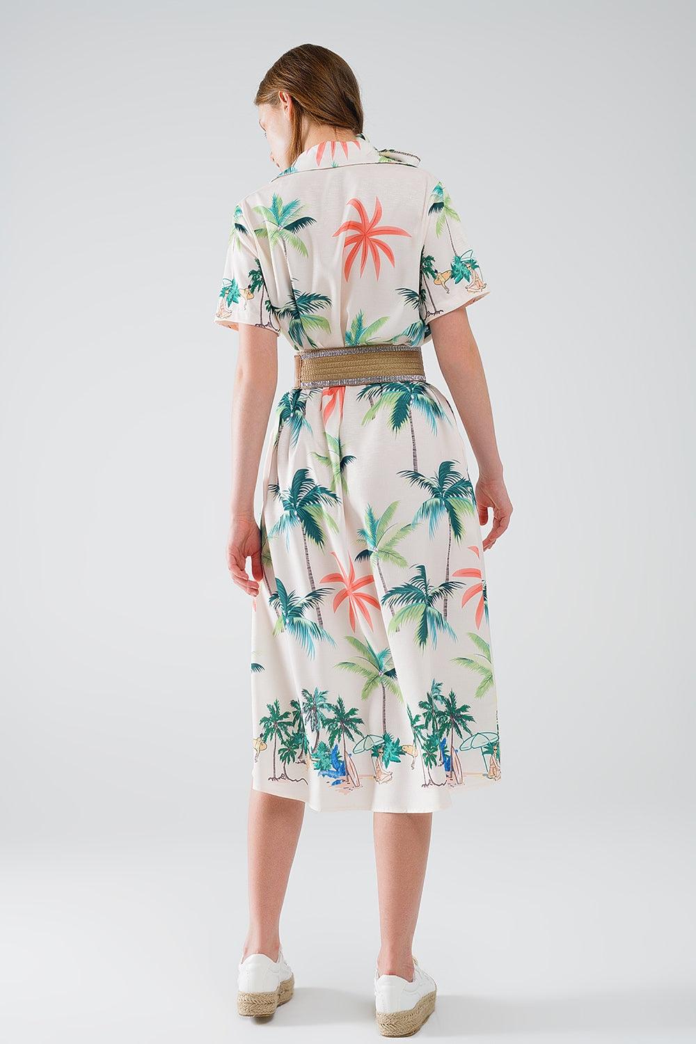 Robe midi crème avec imprimé plage et col polo