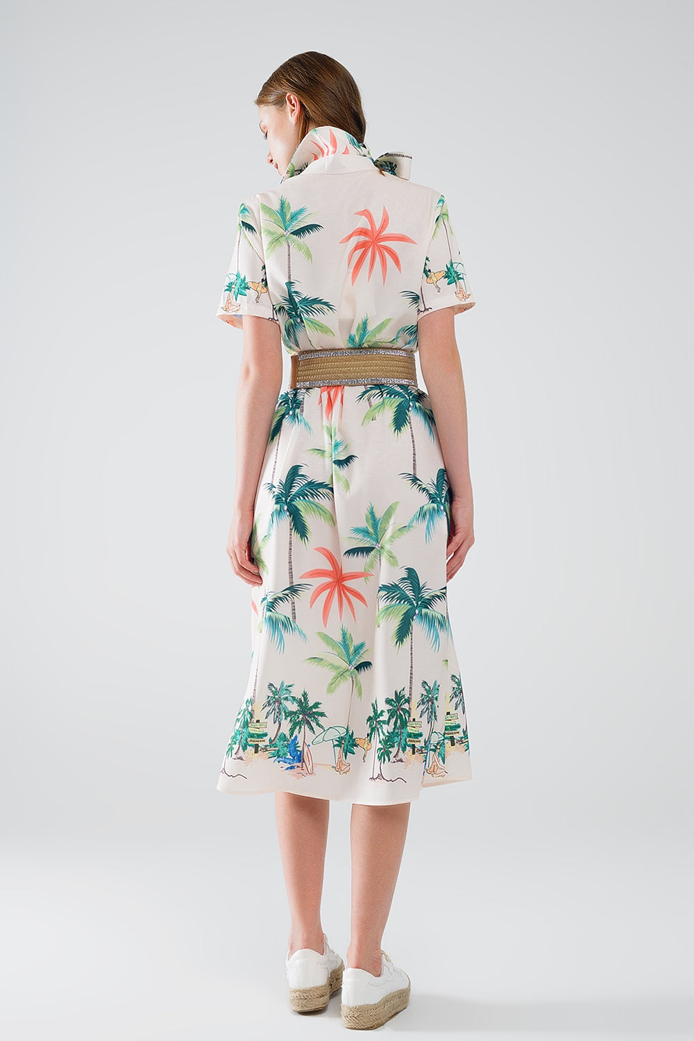Robe midi crème avec imprimé plage et col polo