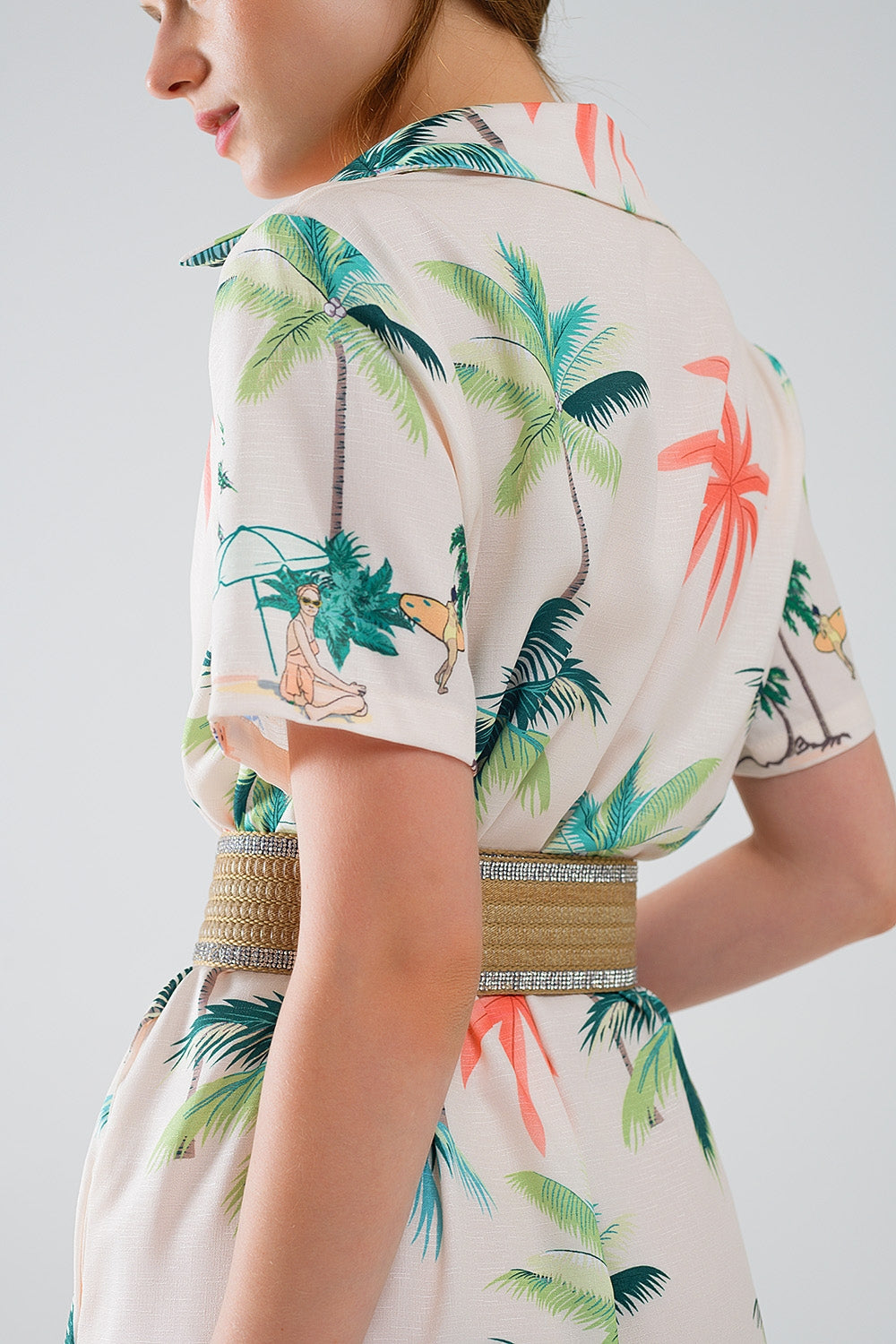 Robe midi crème avec imprimé plage et col polo