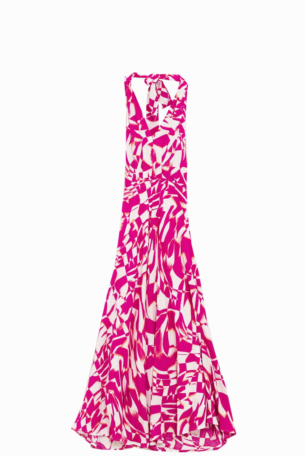 Robe midi dos nu avec taille cintrée en imprimé abstrait fuchsia et blanc