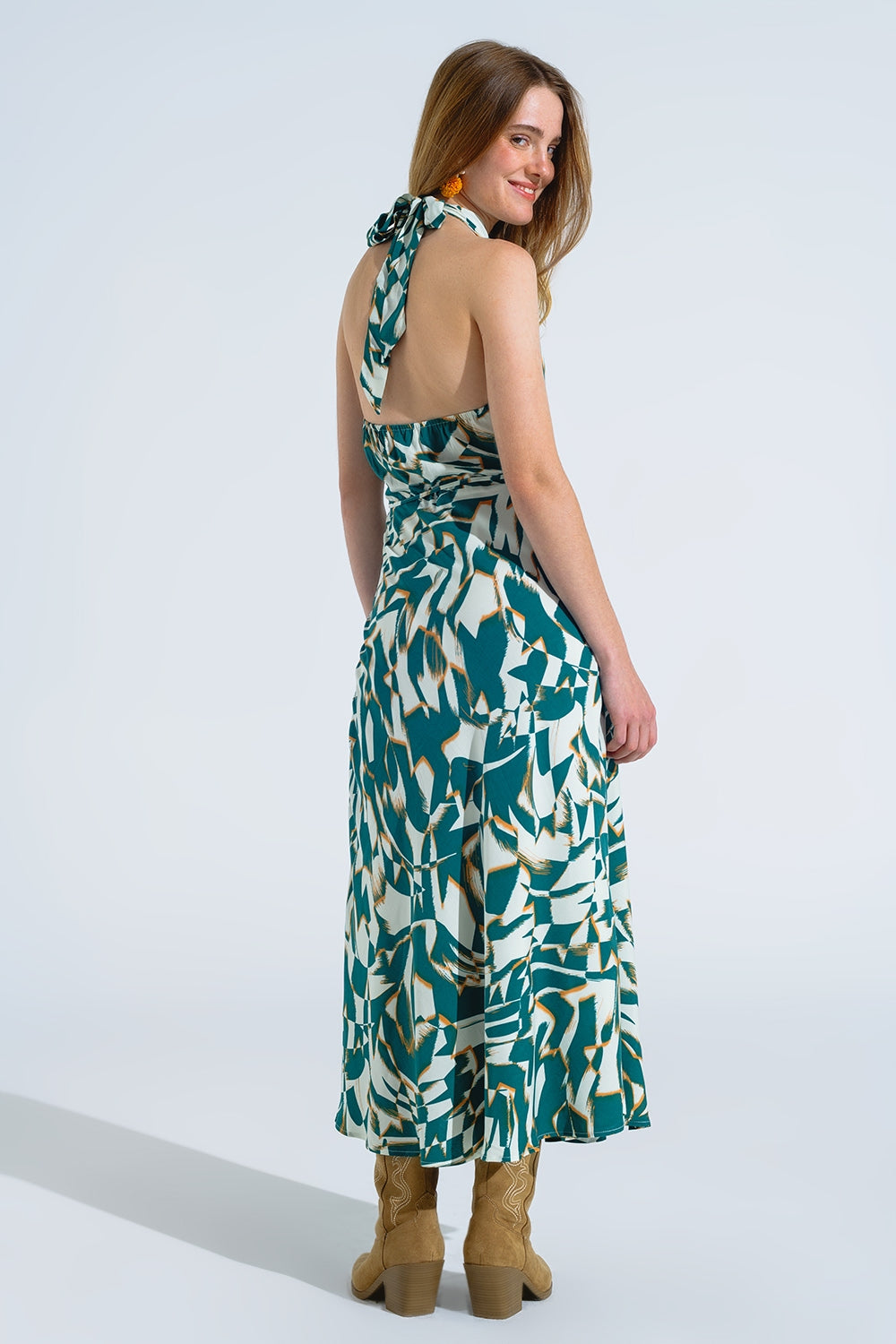 Robe midi dos nu avec taille cintrée en imprimé abstrait vert et blanc