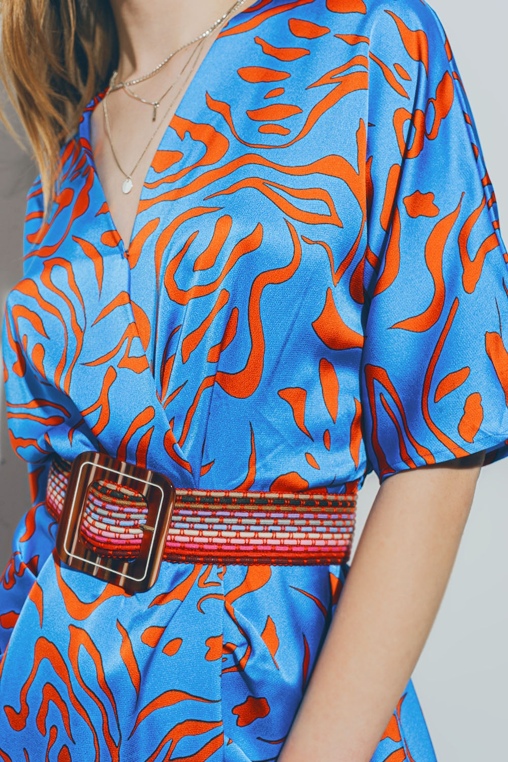 Robe Midi en Satin à Col en V bleu