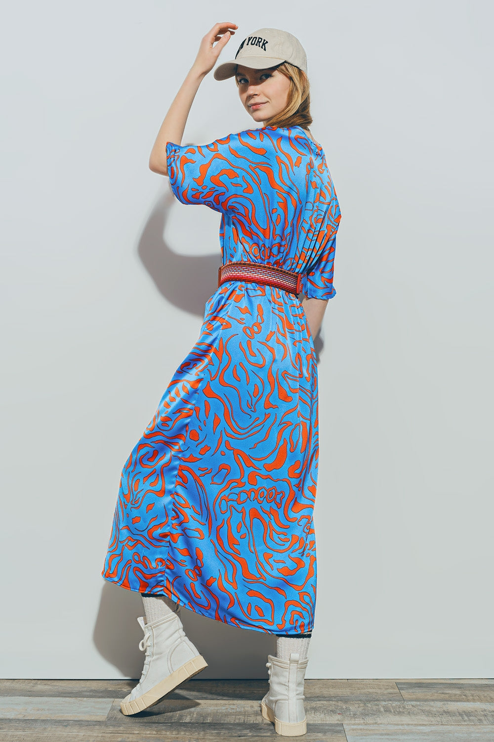 Robe Midi en Satin à Col en V bleu
