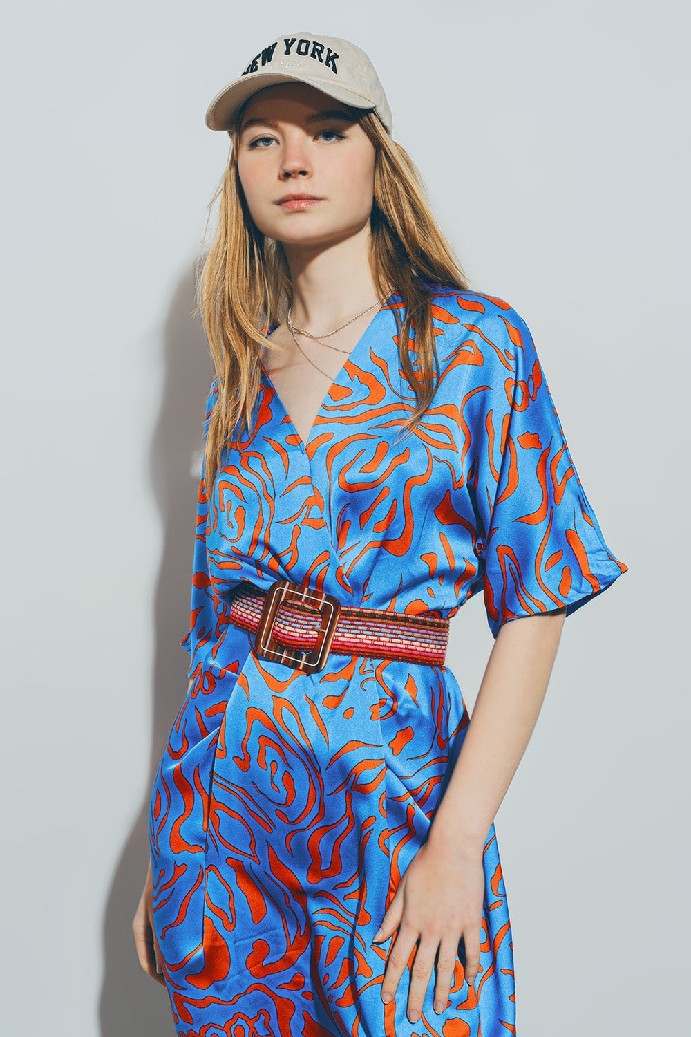 Robe Midi en Satin à Col en V bleu