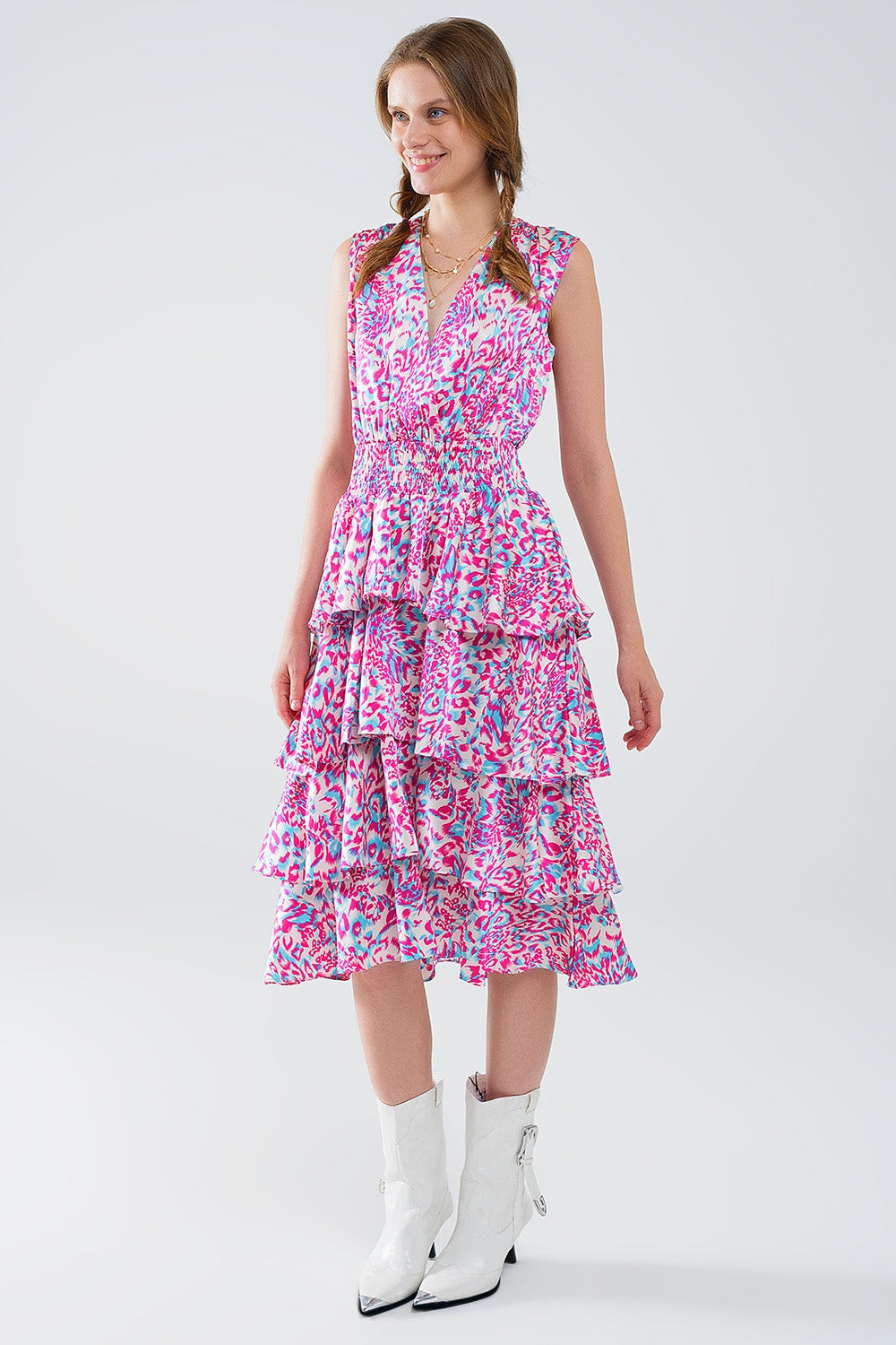 Robe midi froncée en blanc avec imprimé animalier multicolore