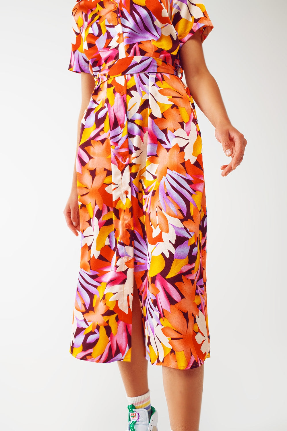 Robe midi imprimée à fleurs multicolore