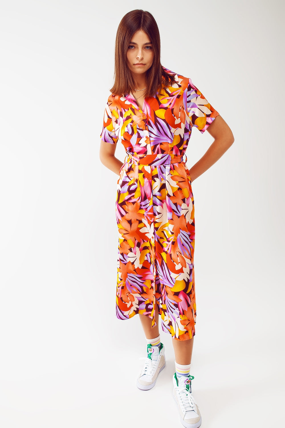 Robe midi imprimée à fleurs multicolore