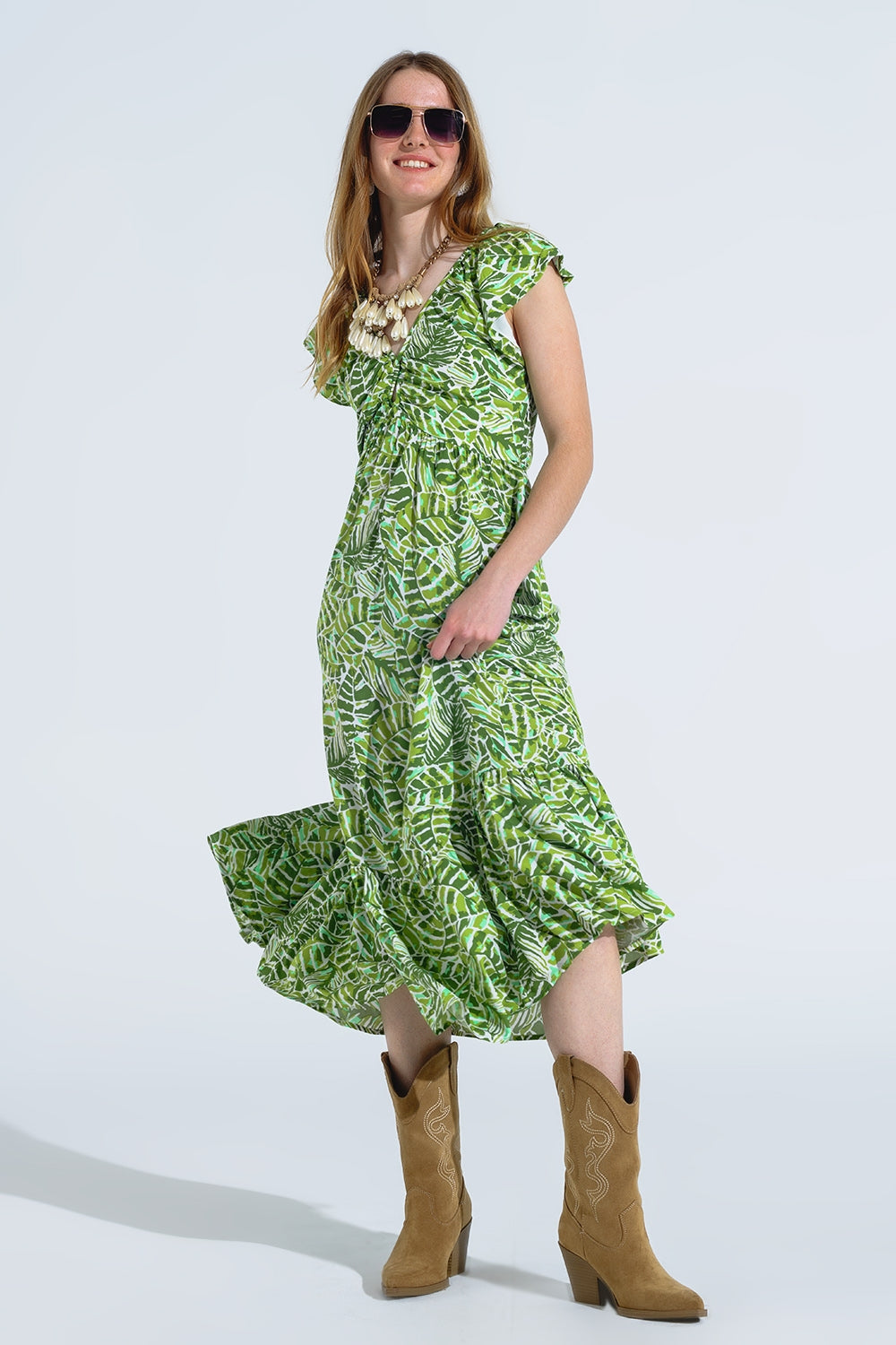 Robe midi romantique à manches courtes volantées en imprimé feuilles vertes