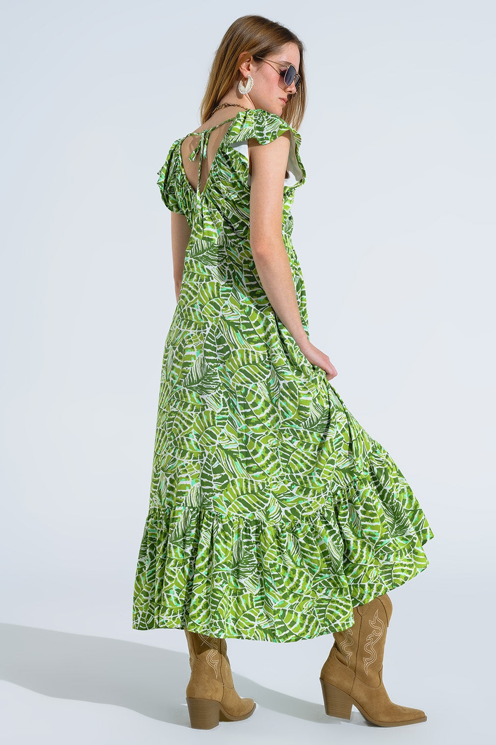 Robe midi romantique à manches courtes volantées en imprimé feuilles vertes