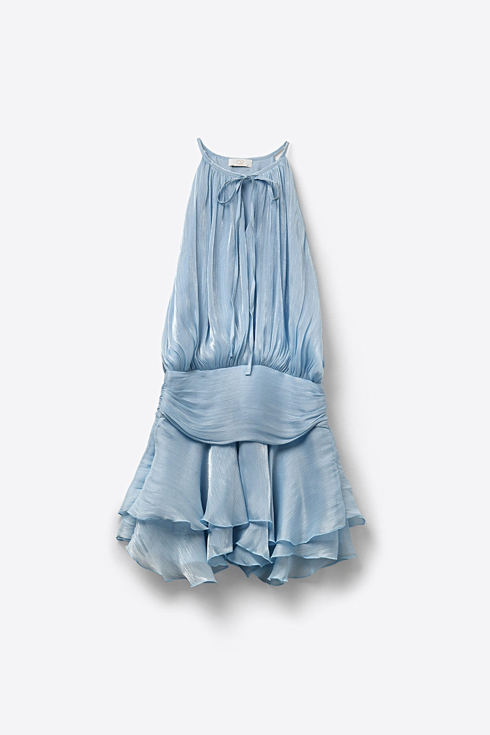 Robe mini à col licou bleu clair en tissu de chiffon brillant
