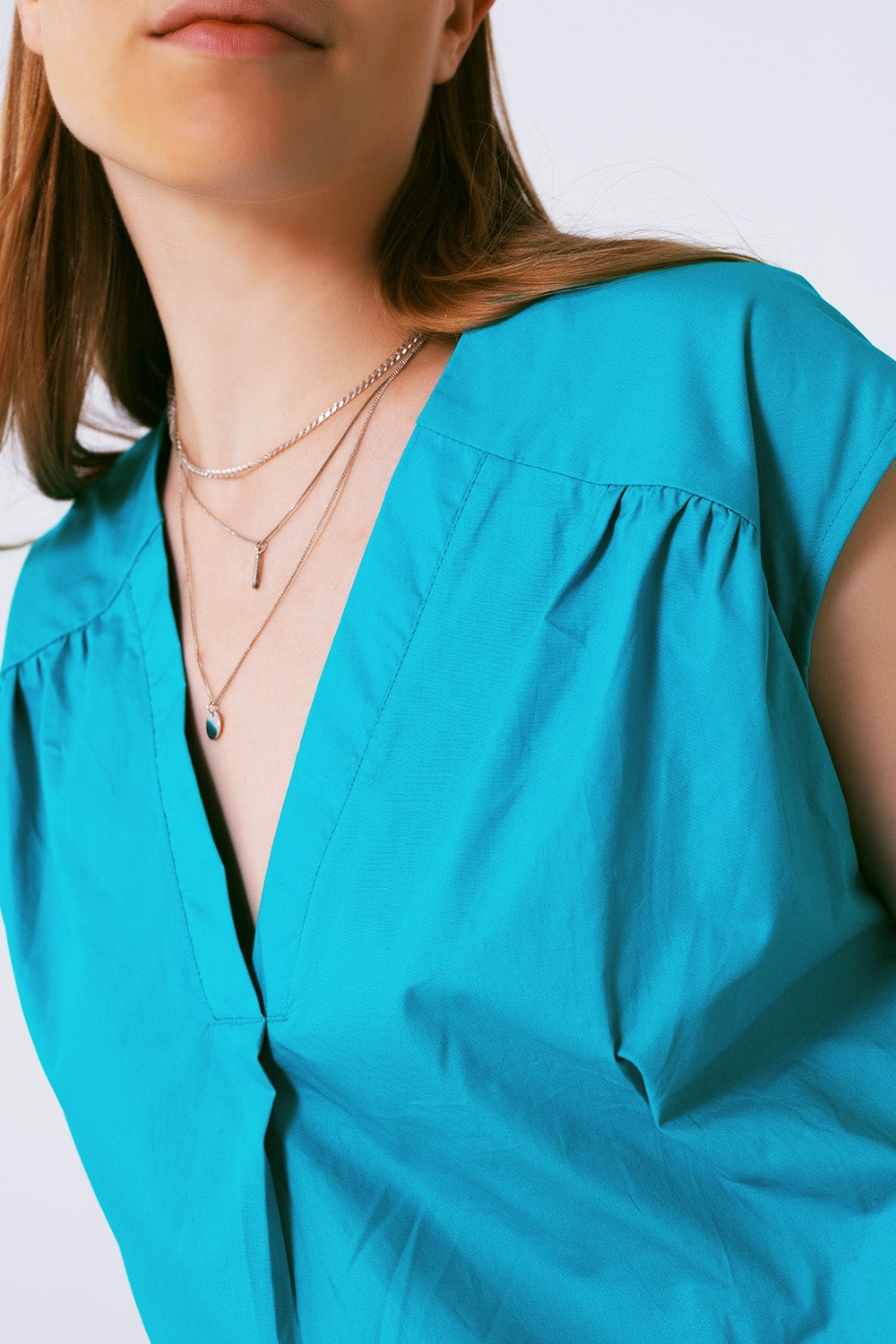 Robe mini sans manches en popeline turquoise
