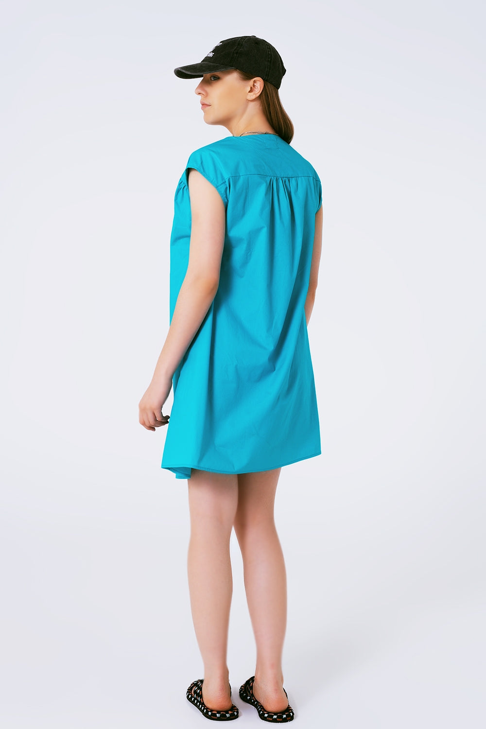 Robe mini sans manches en popeline turquoise