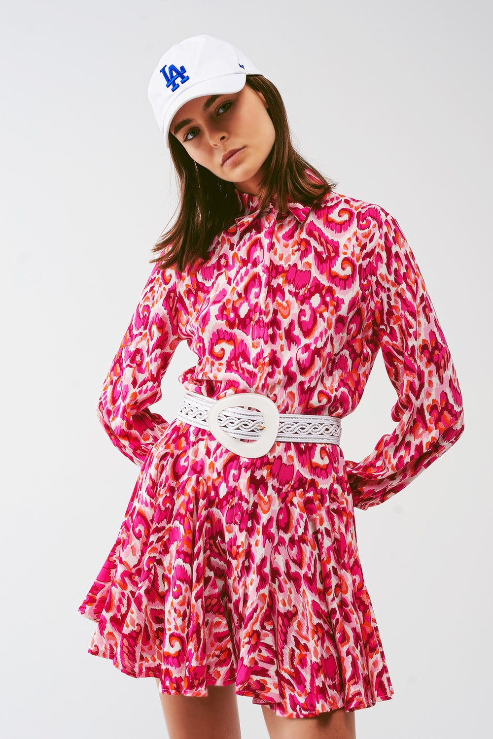 Robe plissée mini imprimé fleuri en rose